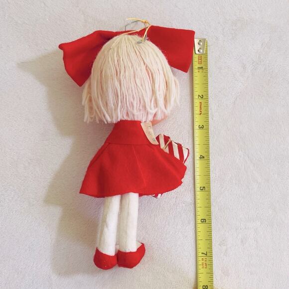 Vtg Girl Pixie Rubber Yarn Felt Cloth Bow Christmas Ornament, Doll Dress Present - Picture 3 of 4